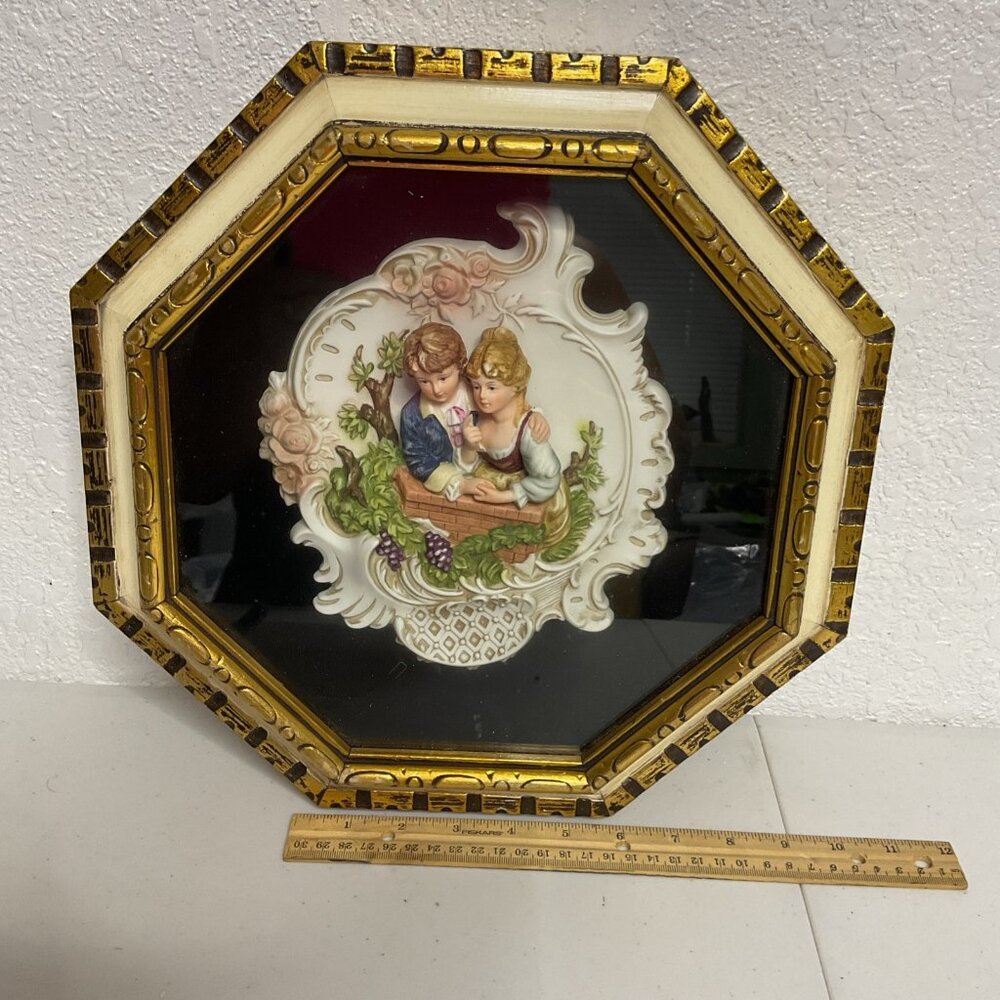 Vintage  3D Relief Victorian wall art porcelain bisque gold & White frame 13x13